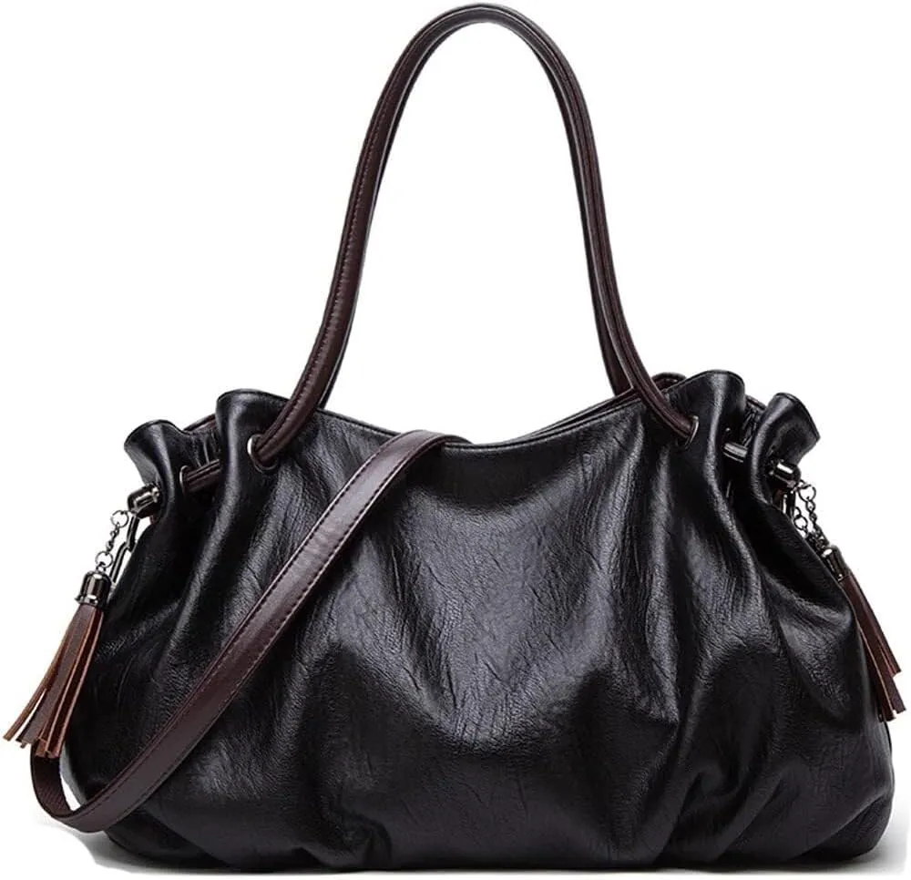 Women Handbags Vintage Leather Tote Bags Fold Shape Purse Shoulder Handbag Vegan Tassels Satchel Large Hobo