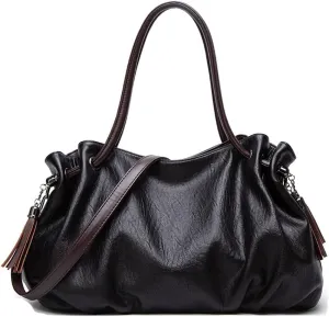 Women Handbags Vintage Tote Bags Fold Shape Purse Shoulder Bag Vegan Leather Tassels Satchel Large Hobo Handbag -Wine red