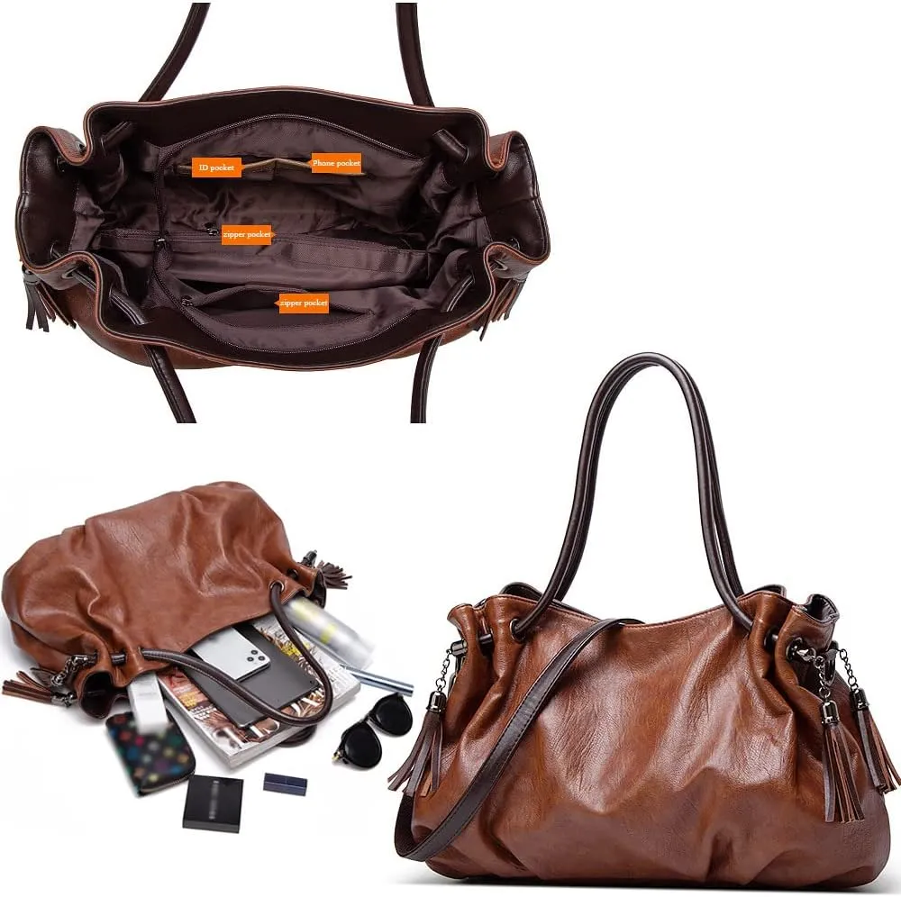 Women Handbags Vintage Tote Bags Fold Shape Purse Shoulder Bag Vegan Leather Tassels Satchel Large Hobo Handbag -Wine red
