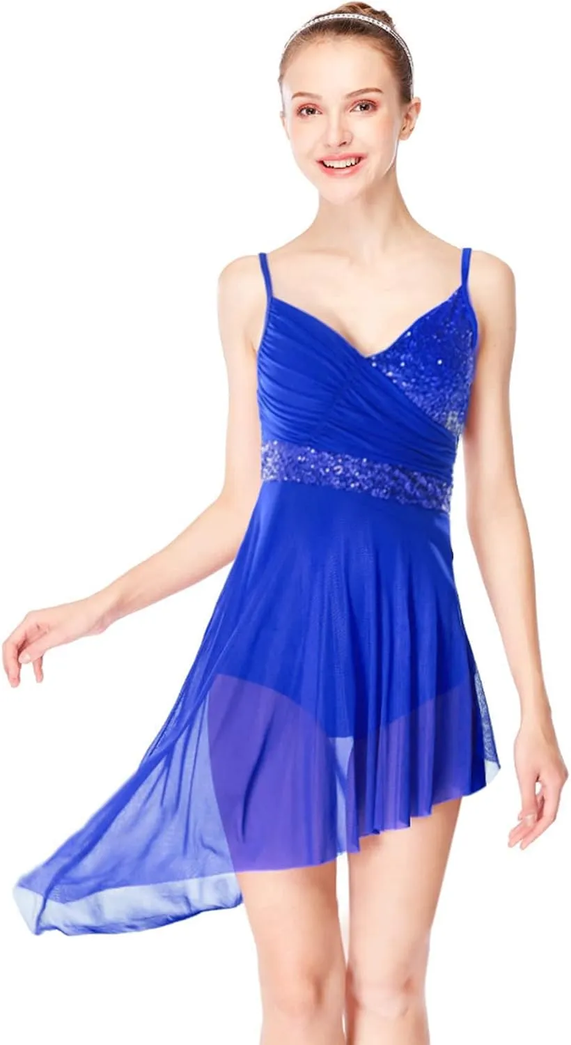 Women Lyrical Modern Ballet Dress Camisole Skirted Leotard Asymmetrical Tulle Dance Costume