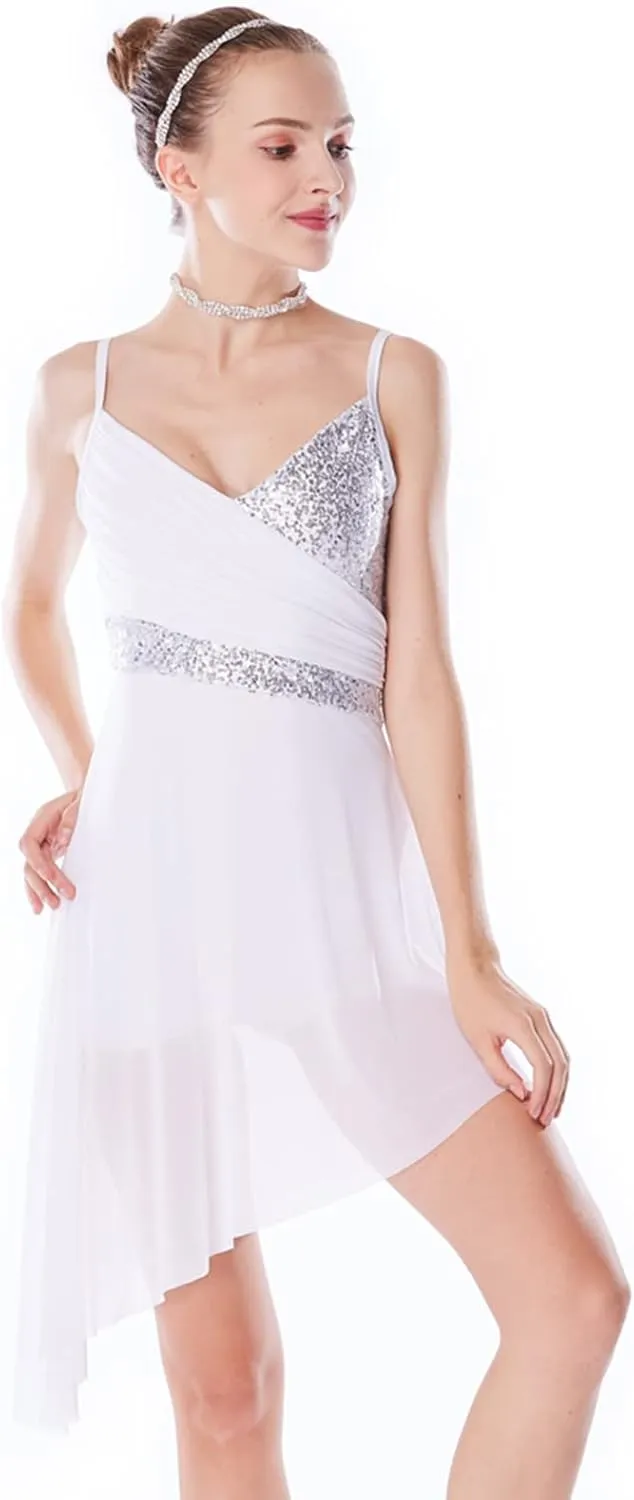 Women Lyrical Modern Ballet Dress Camisole Skirted Leotard Asymmetrical Tulle Dance Costume
