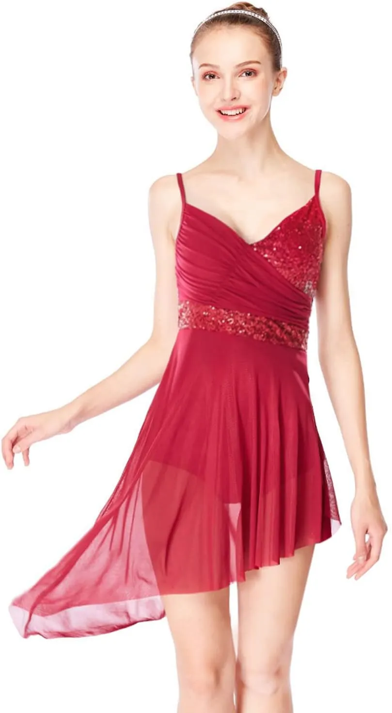 Women Lyrical Modern Ballet Dress Camisole Skirted Leotard Asymmetrical Tulle Dance Costume