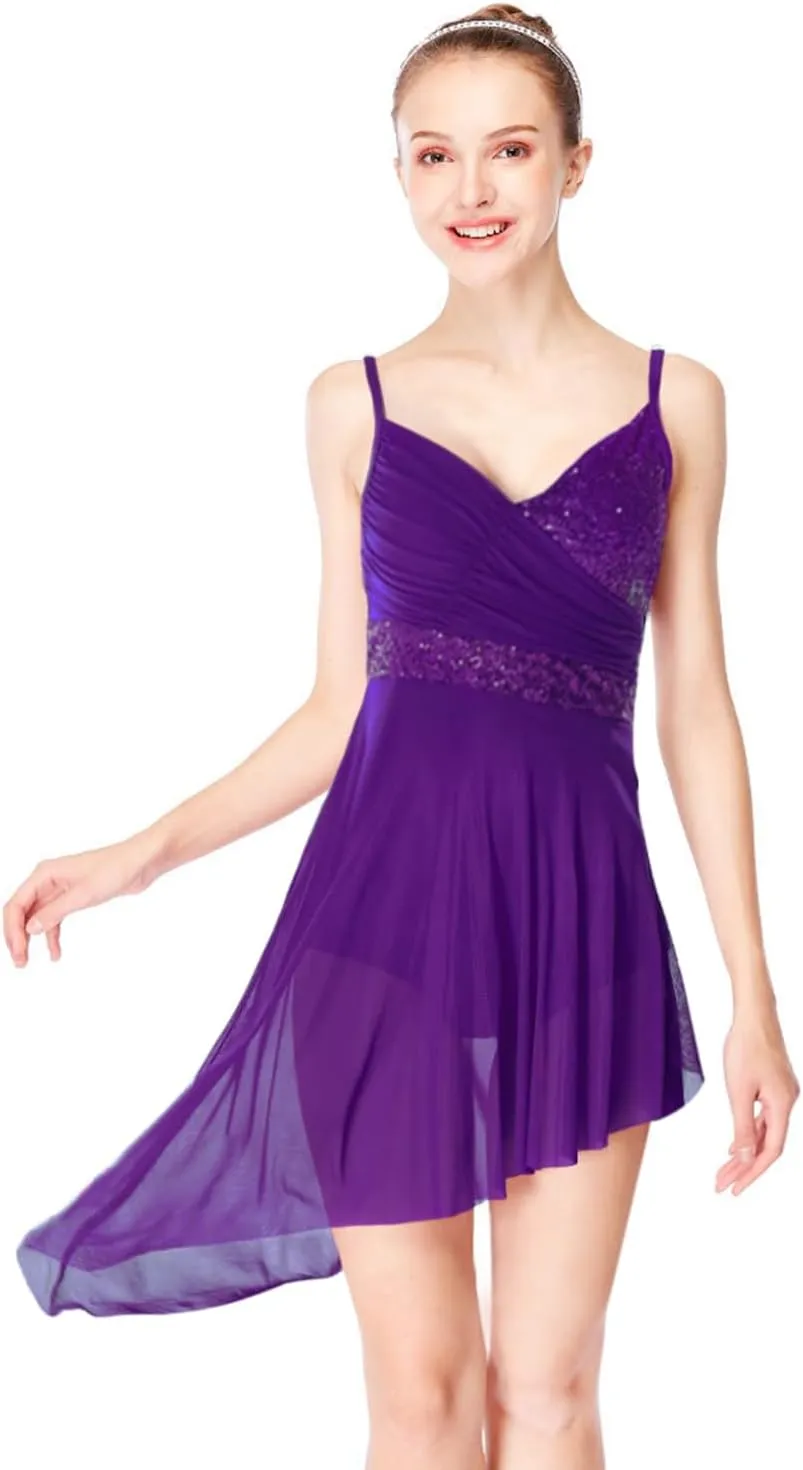 Women Lyrical Modern Ballet Dress Camisole Skirted Leotard Asymmetrical Tulle Dance Costume