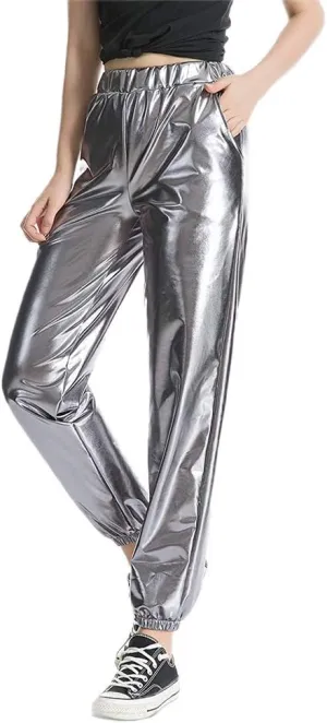 Women Shiny Metallic High Waist Pants Active Cinch Bottom Jogger Sweatpants Wet Look Hip Hop Punk Trousers