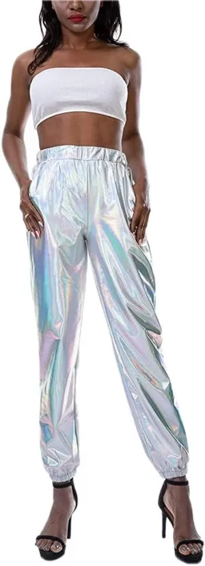 Women Shiny Metallic High Waist Pants Active Cinch Bottom Jogger Sweatpants Wet Look Hip Hop Punk Trousers