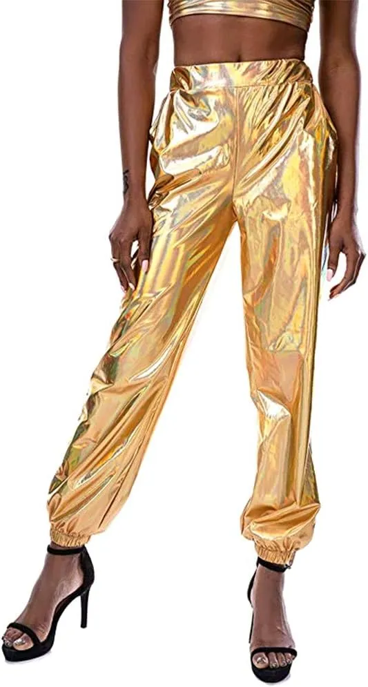 Women Shiny Metallic High Waist Pants Active Cinch Bottom Jogger Sweatpants Wet Look Hip Hop Punk Trousers