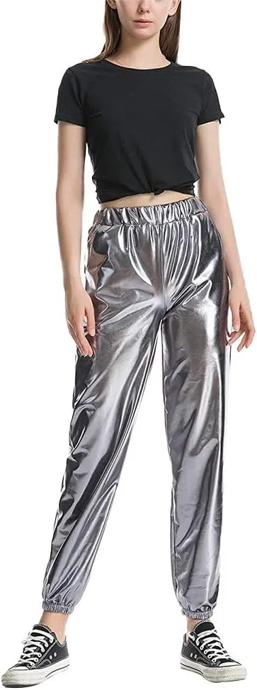 Women Shiny Metallic High Waist Pants Active Cinch Bottom Jogger Sweatpants Wet Look Hip Hop Punk Trousers