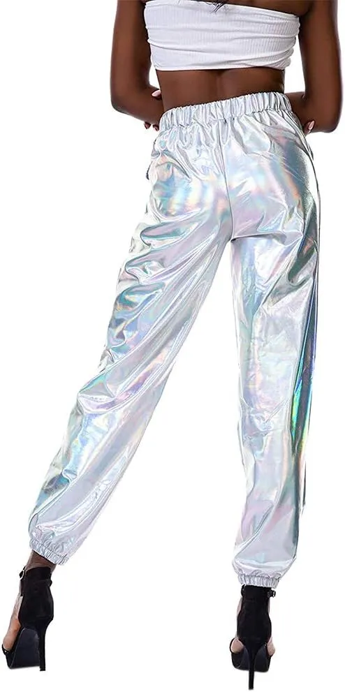 Women Shiny Metallic High Waist Pants Active Cinch Bottom Jogger Sweatpants Wet Look Hip Hop Punk Trousers