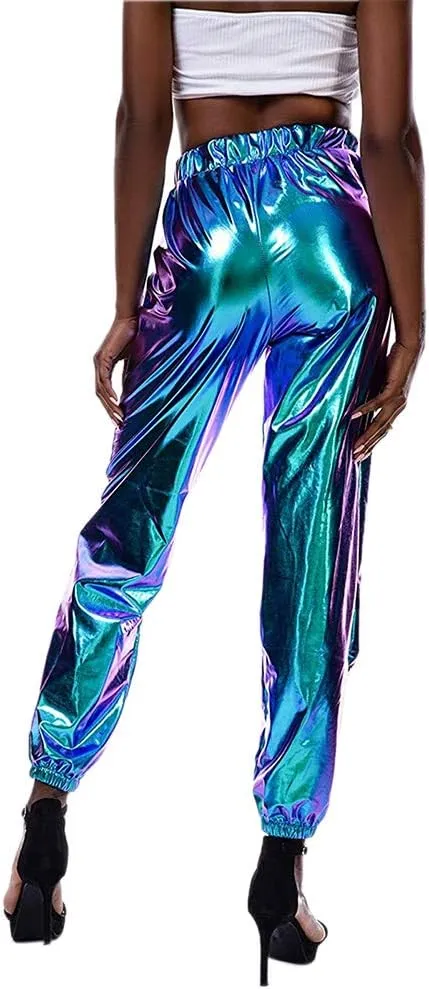 Women Shiny Metallic High Waist Pants Active Cinch Bottom Jogger Sweatpants Wet Look Hip Hop Punk Trousers