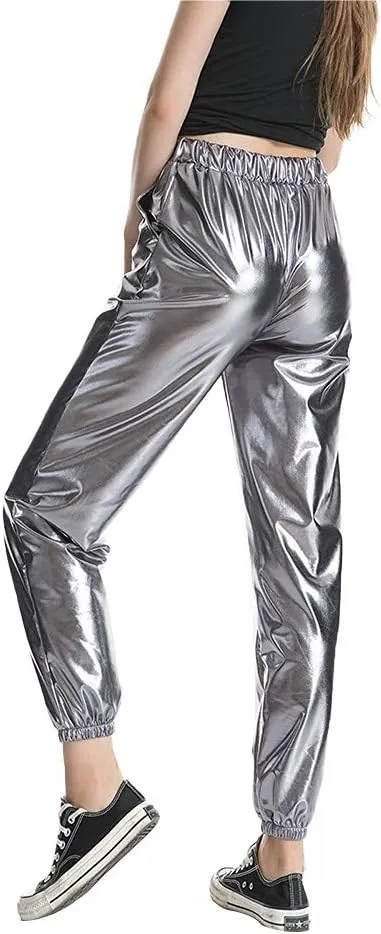 Women Shiny Metallic High Waist Pants Active Cinch Bottom Jogger Sweatpants Wet Look Hip Hop Punk Trousers