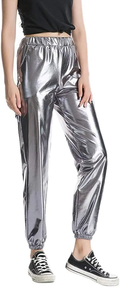 Women Shiny Metallic High Waist Pants Active Cinch Bottom Jogger Sweatpants Wet Look Hip Hop Punk Trousers