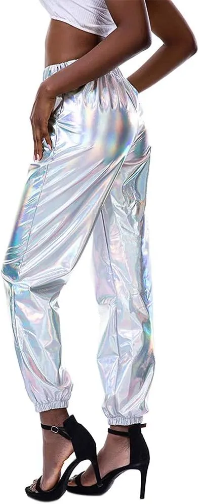 Women Shiny Metallic High Waist Pants Active Cinch Bottom Jogger Sweatpants Wet Look Hip Hop Punk Trousers