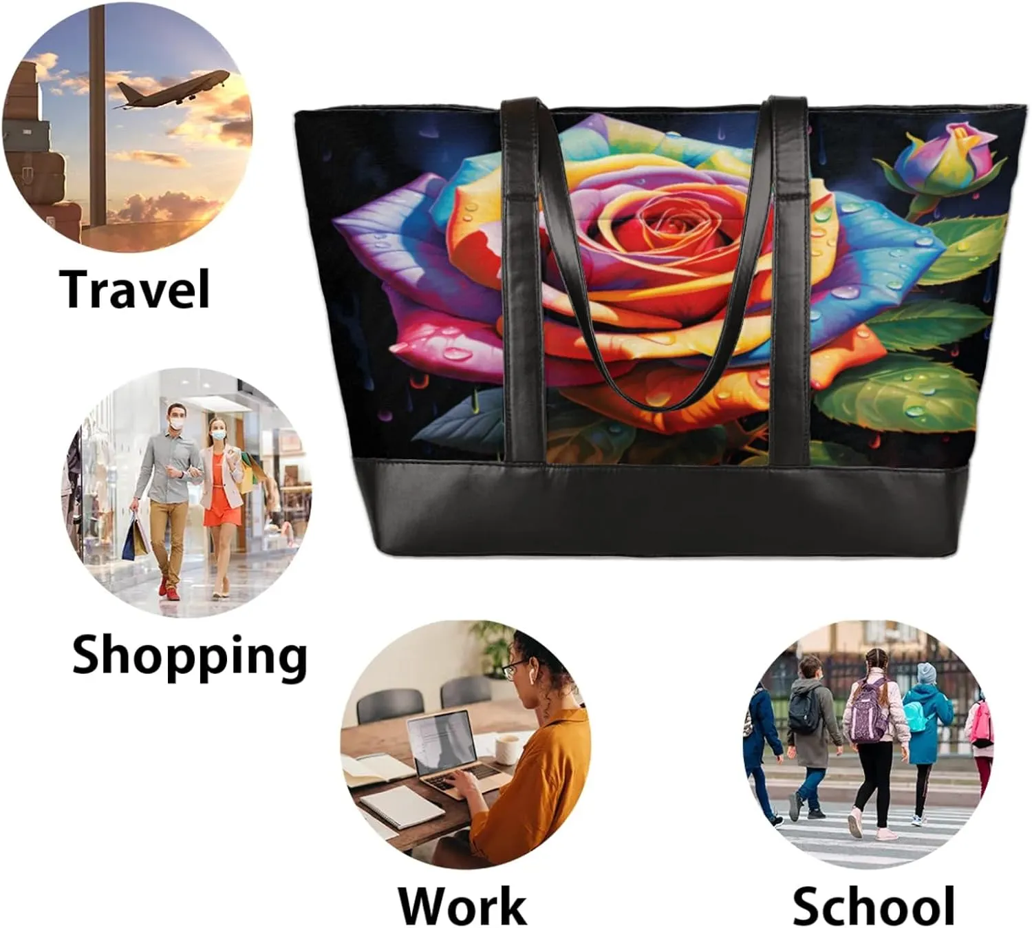 Women Tote Bag with Zipper, Shopper Handbag Travel Purse, PU Leather Laptop Tote Bags, Weekender Bags