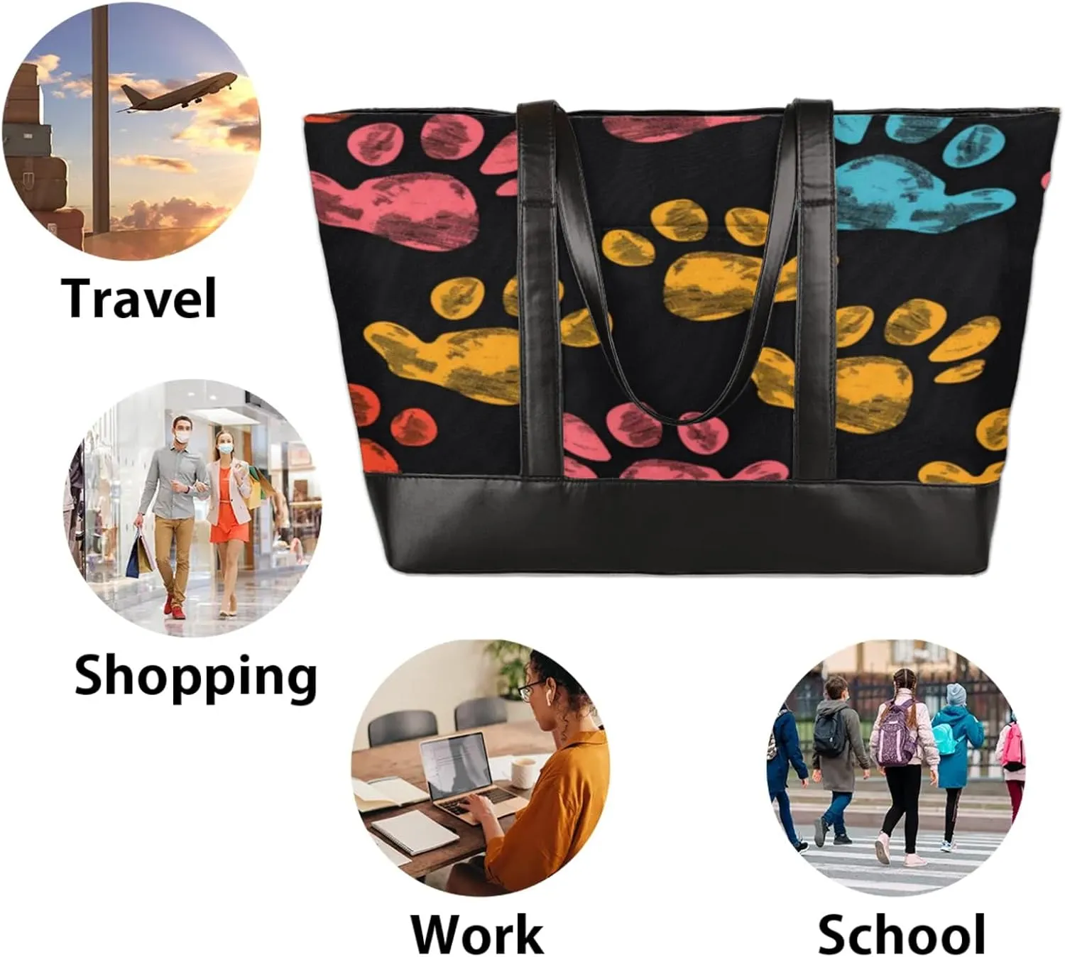 Women Tote Bag with Zipper, Shopper Handbag Travel Purse, PU Leather Laptop Tote Bags, Weekender Bags