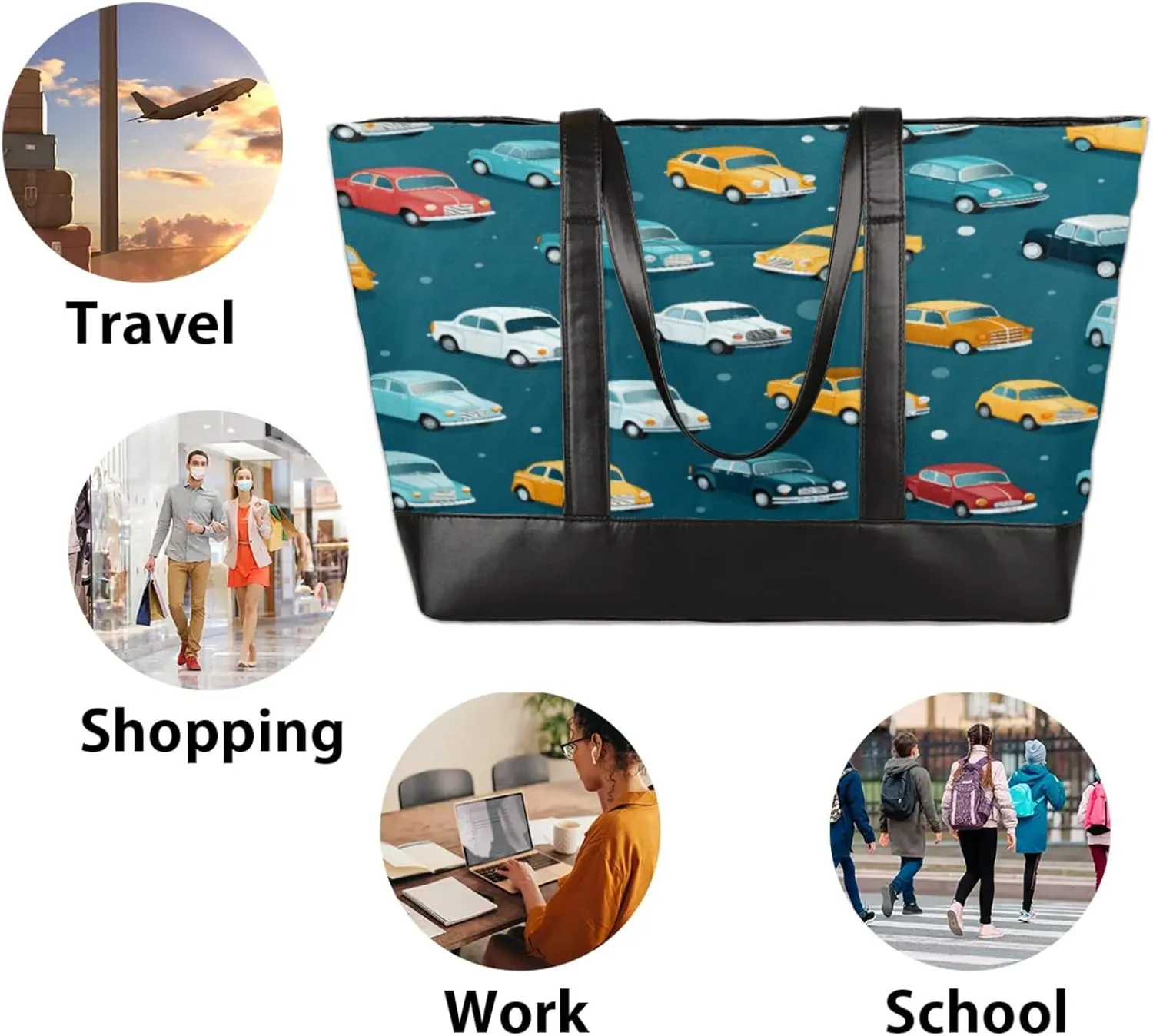 Women Tote Bag with Zipper, Shopper Handbag Travel Purse, PU Leather Laptop Tote Bags, Weekender Bags