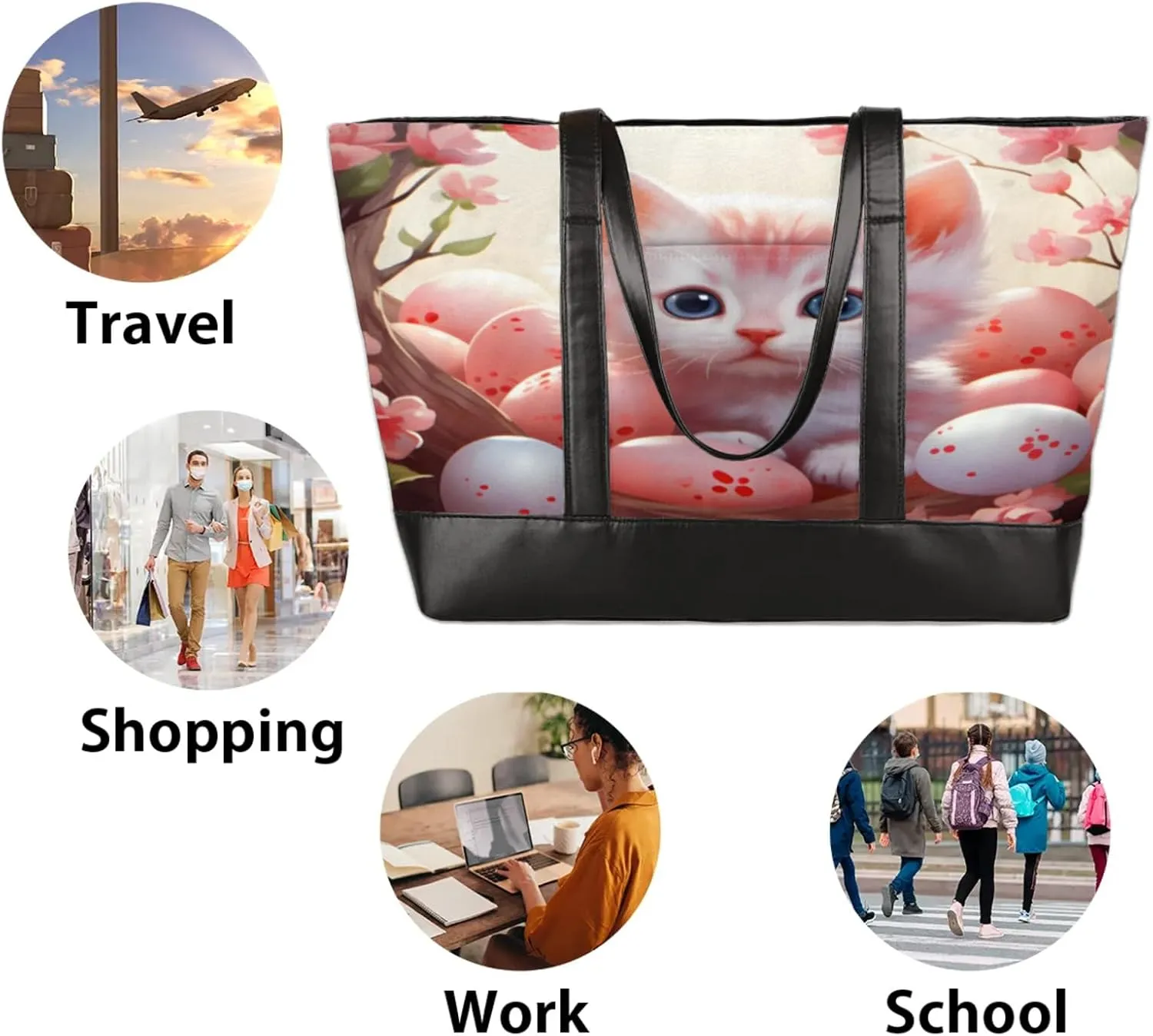 Women Tote Bag with Zipper, Shopper Handbag Travel Purse, PU Leather Laptop Tote Bags, Weekender Bags