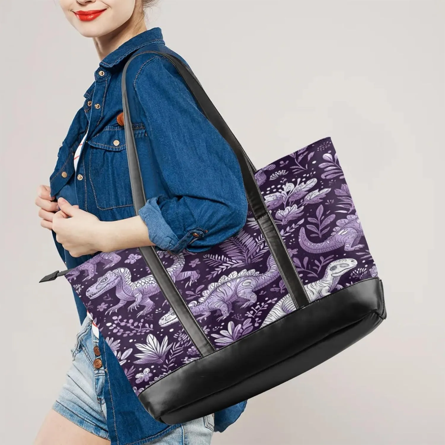 Women Tote Bag with Zipper, Shopper Handbag Travel Purse, PU Leather Laptop Tote Bags, Weekender Bags