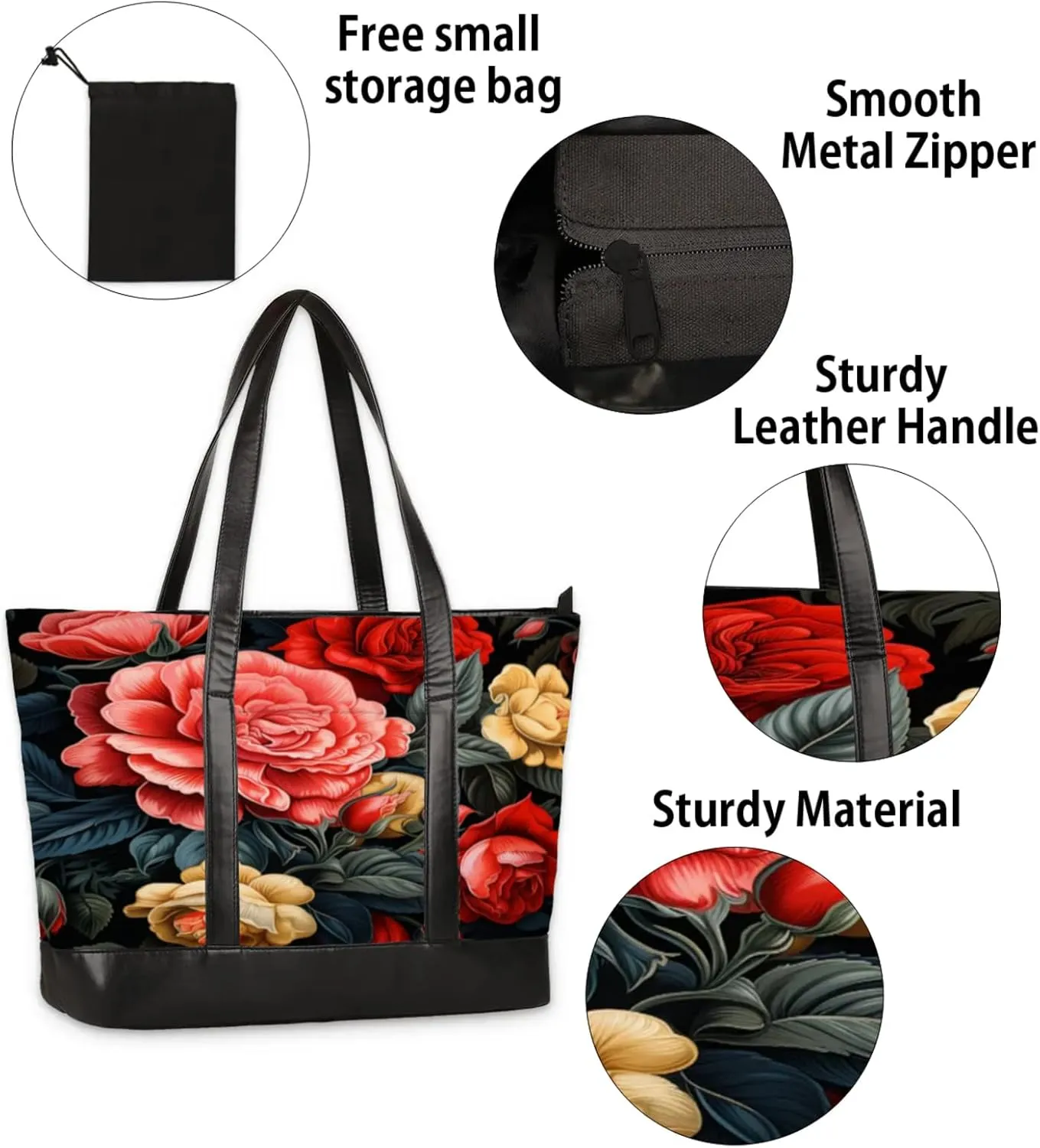 Women Tote Bag with Zipper, Shopper Handbag Travel Purse, PU Leather Laptop Tote Bags, Weekender Bags