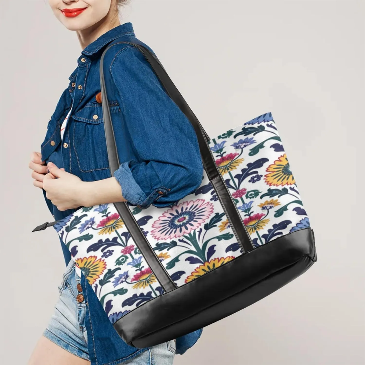 Women Tote Bag with Zipper, Shopper Handbag Travel Purse, PU Leather Laptop Tote Bags, Weekender Bags