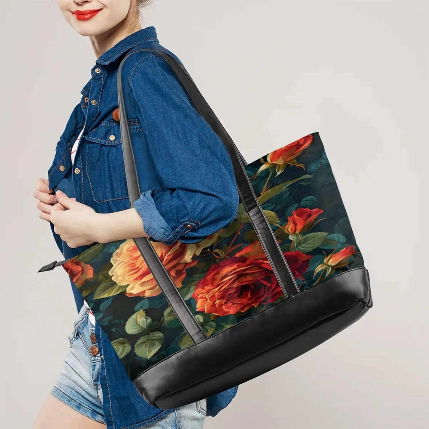 Women Tote Bag with Zipper, Shopper Handbag Travel Purse, PU Leather Laptop Tote Bags, Weekender Bags