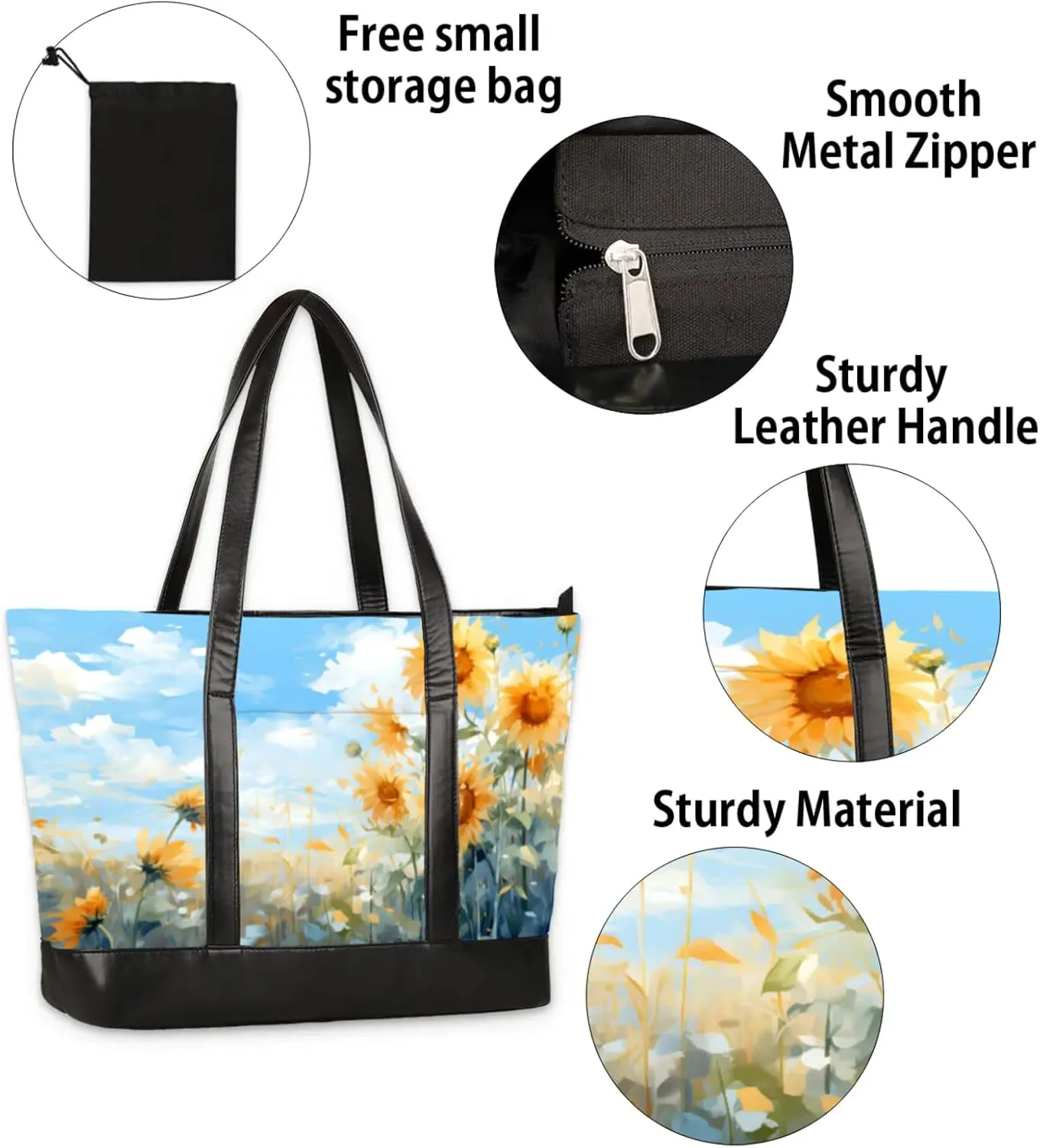Women Tote Bag with Zipper, Shopper Handbag Travel Purse, PU Leather Laptop Tote Bags, Weekender Bags