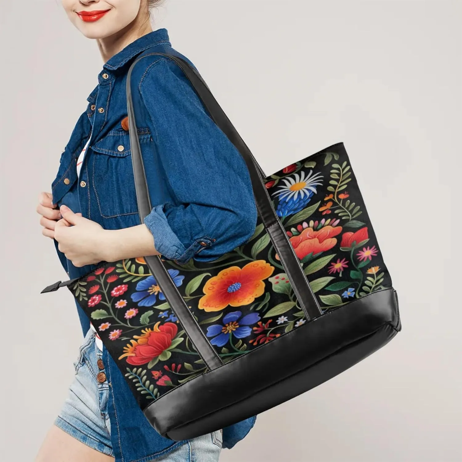 Women Tote Bag with Zipper, Shopper Handbag Travel Purse, PU Leather Laptop Tote Bags, Weekender Bags