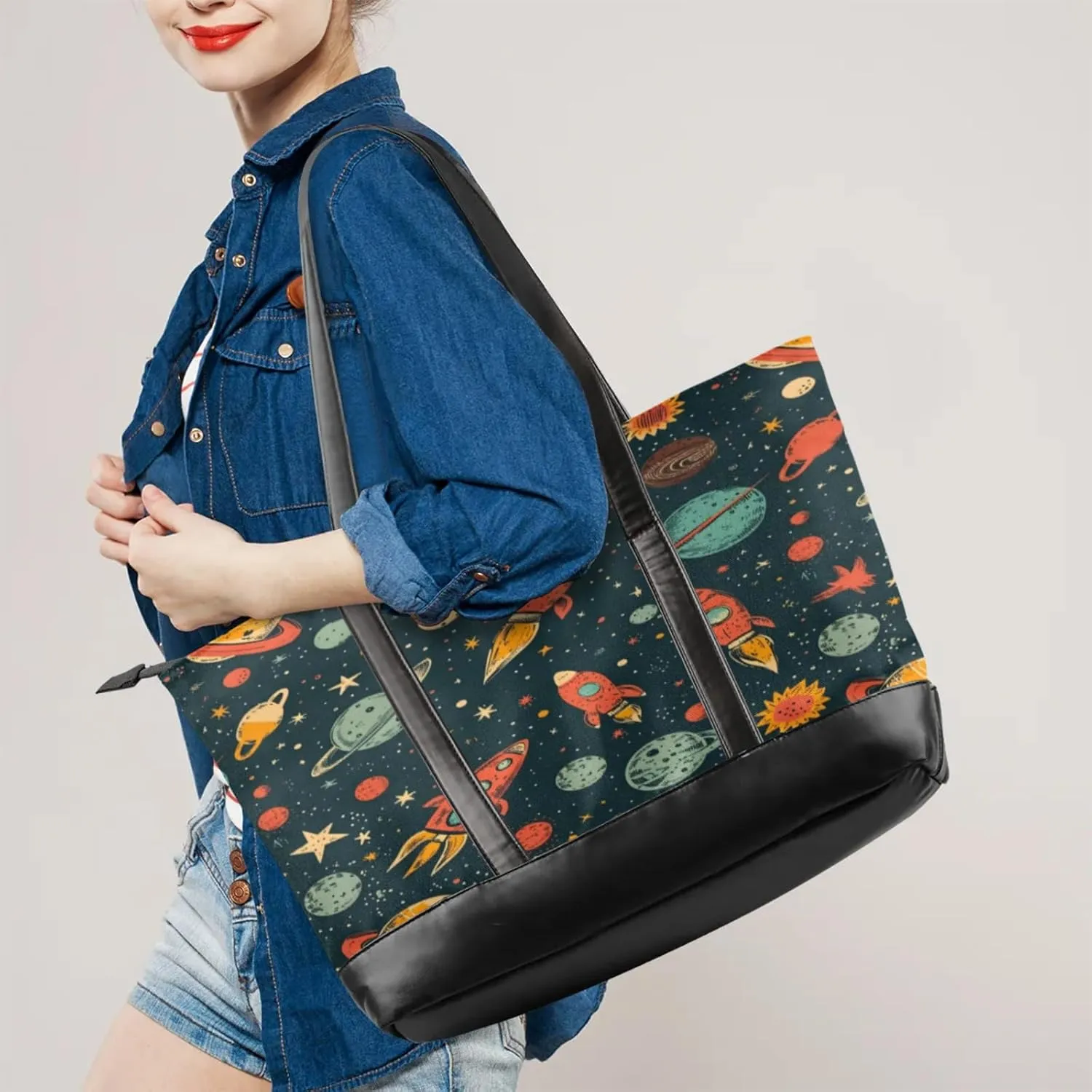 Women Tote Bag with Zipper, Shopper Handbag Travel Purse, PU Leather Laptop Tote Bags, Weekender Bags