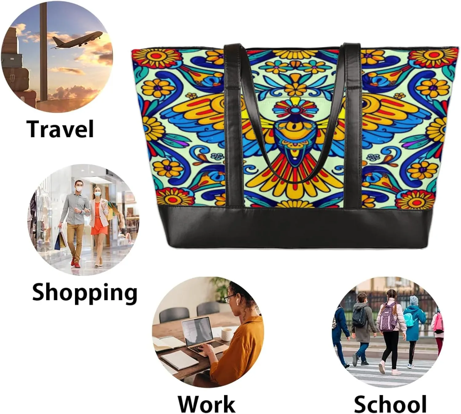 Women Tote Bag with Zipper, Shopper Handbag Travel Purse, PU Leather Laptop Tote Bags, Weekender Bags