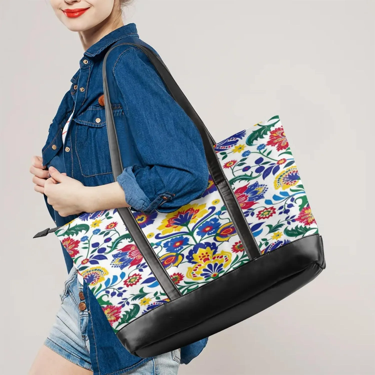Women Tote Bag with Zipper, Shopper Handbag Travel Purse, PU Leather Laptop Tote Bags, Weekender Bags