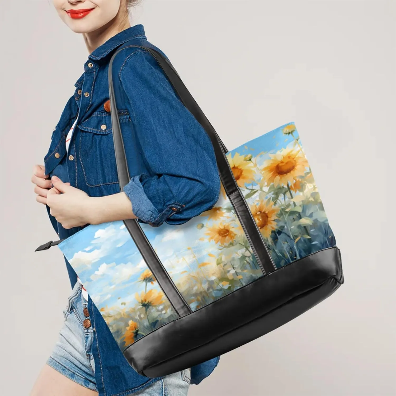 Women Tote Bag with Zipper, Shopper Handbag Travel Purse, PU Leather Laptop Tote Bags, Weekender Bags
