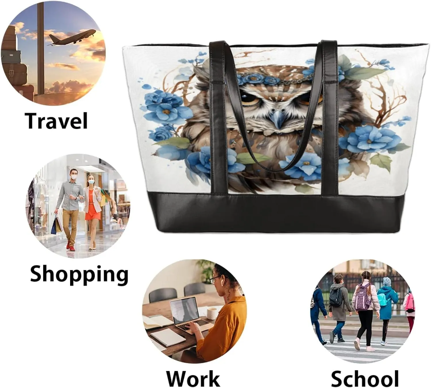 Women Tote Bag with Zipper, Shopper Handbag Travel Purse, PU Leather Laptop Tote Bags, Weekender Bags