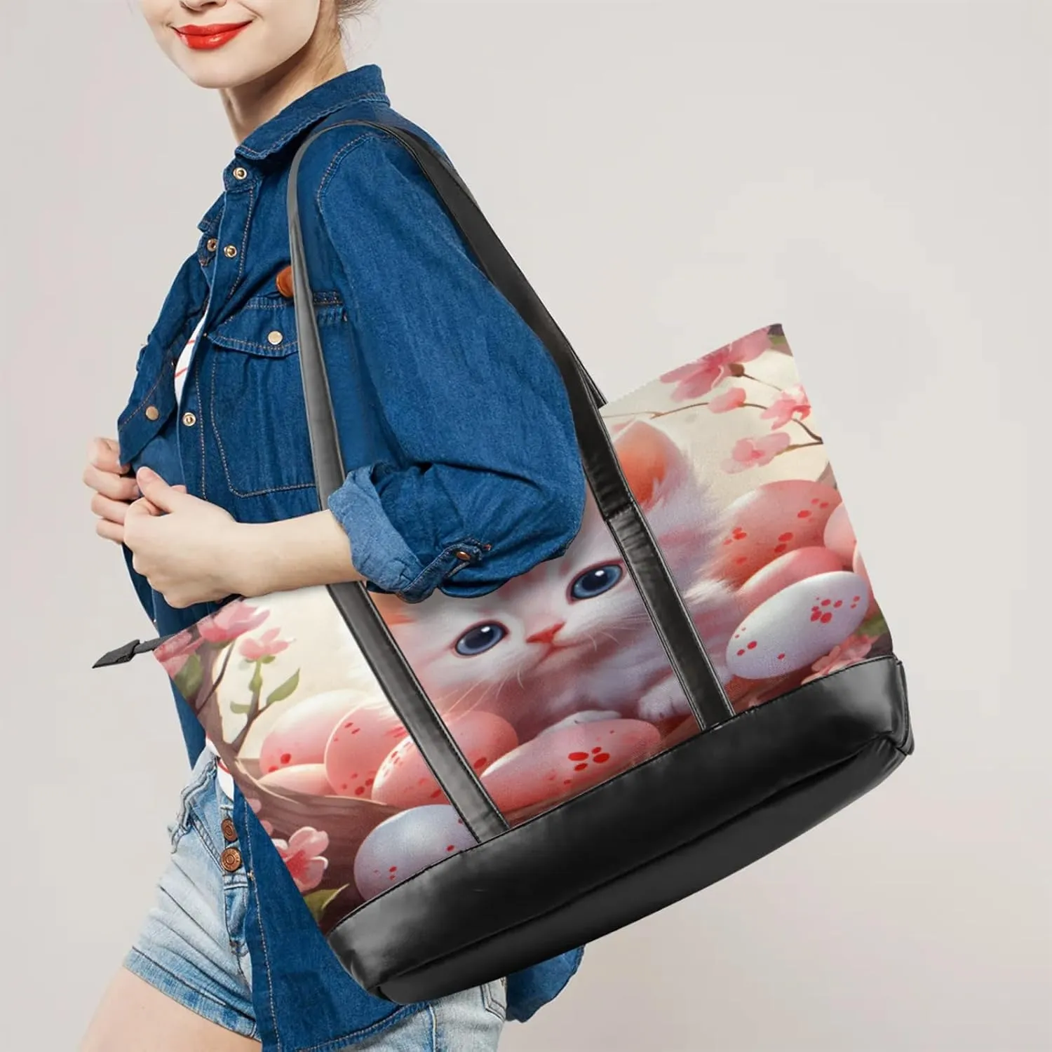 Women Tote Bag with Zipper, Shopper Handbag Travel Purse, PU Leather Laptop Tote Bags, Weekender Bags
