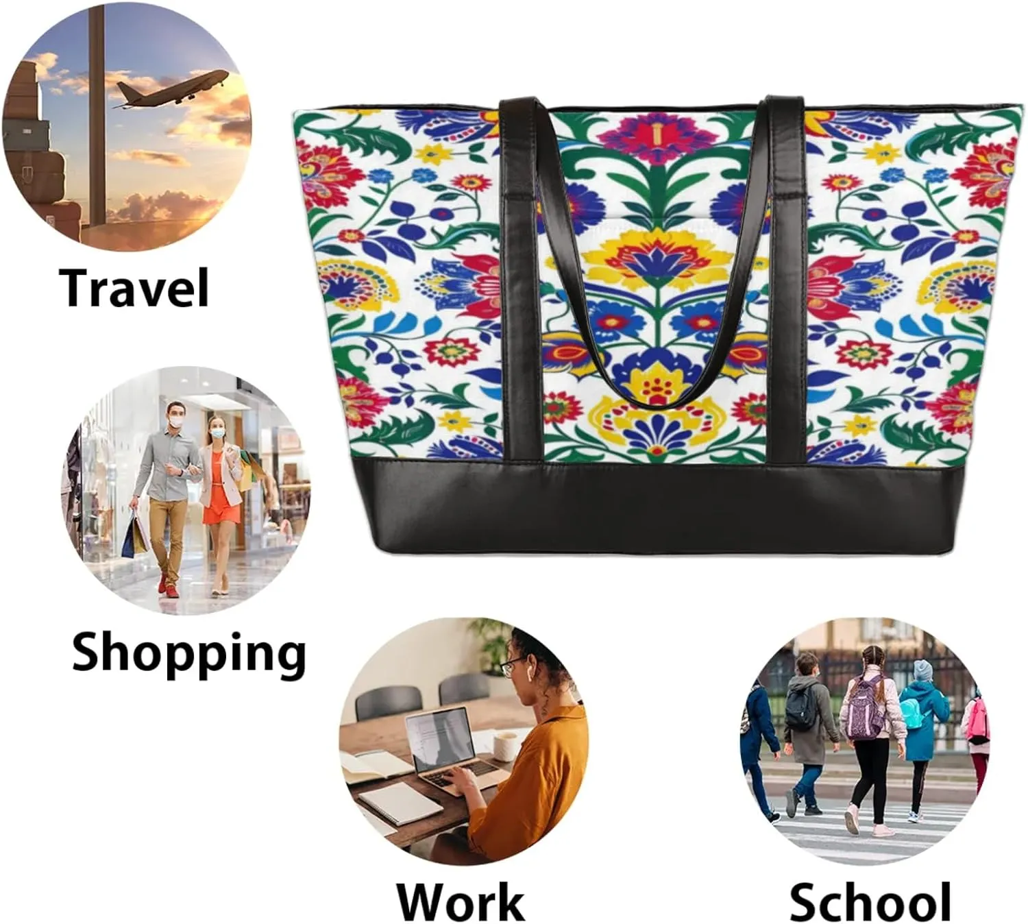 Women Tote Bag with Zipper, Shopper Handbag Travel Purse, PU Leather Laptop Tote Bags, Weekender Bags