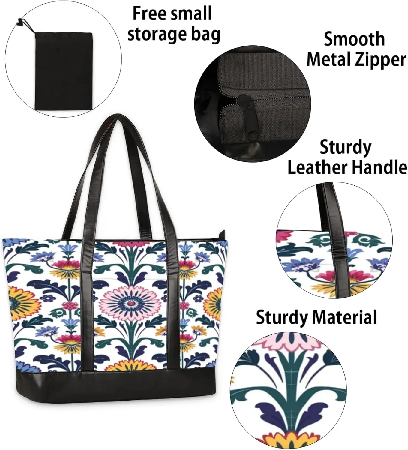 Women Tote Bag with Zipper, Shopper Handbag Travel Purse, PU Leather Laptop Tote Bags, Weekender Bags