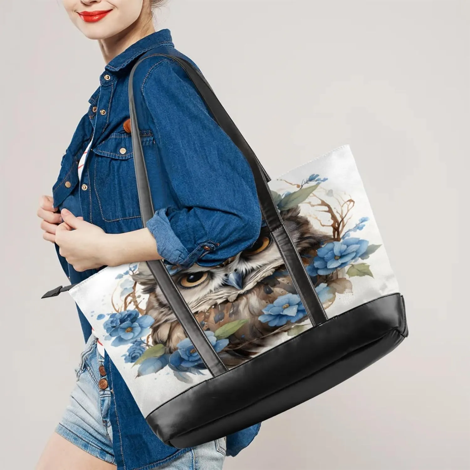 Women Tote Bag with Zipper, Shopper Handbag Travel Purse, PU Leather Laptop Tote Bags, Weekender Bags