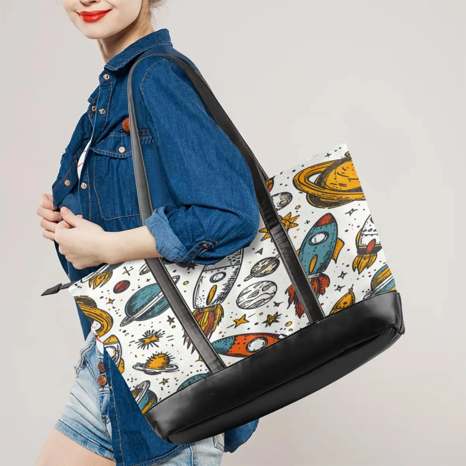 Women Tote Bag with Zipper, Shopper Handbag Travel Purse, PU Leather Laptop Tote Bags, Weekender Bags