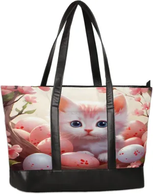 Women Tote Bag with Zipper, Shopper Handbag Travel Purse, PU Leather Laptop Tote Bags, Weekender Bags