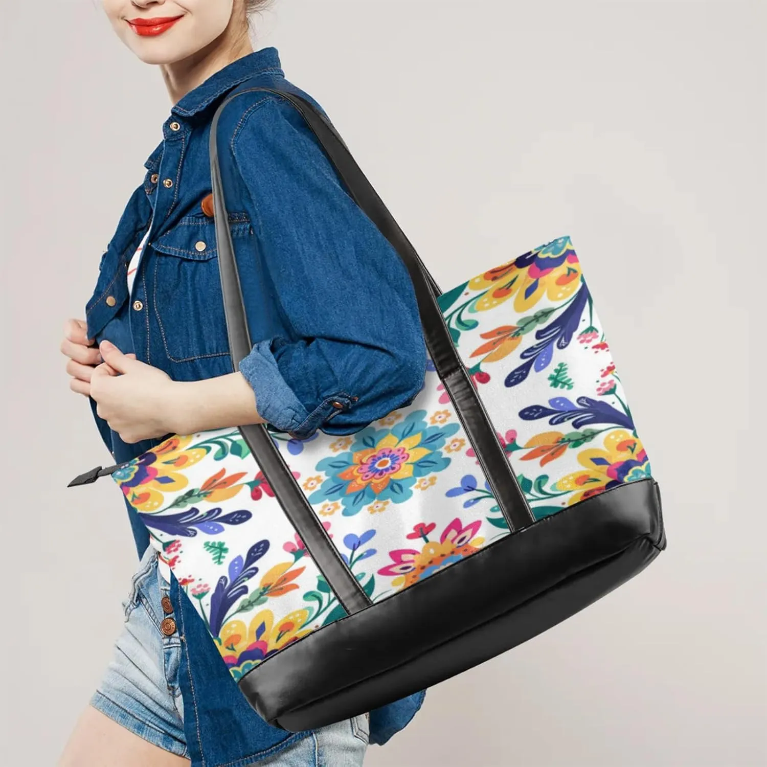 Women Tote Bag with Zipper, Shopper Handbag Travel Purse, PU Leather Laptop Tote Bags, Weekender Bags