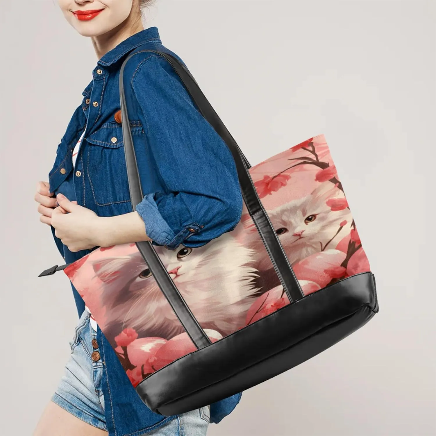 Women Tote Bag with Zipper, Shopper Handbag Travel Purse, PU Leather Laptop Tote Bags, Weekender Bags