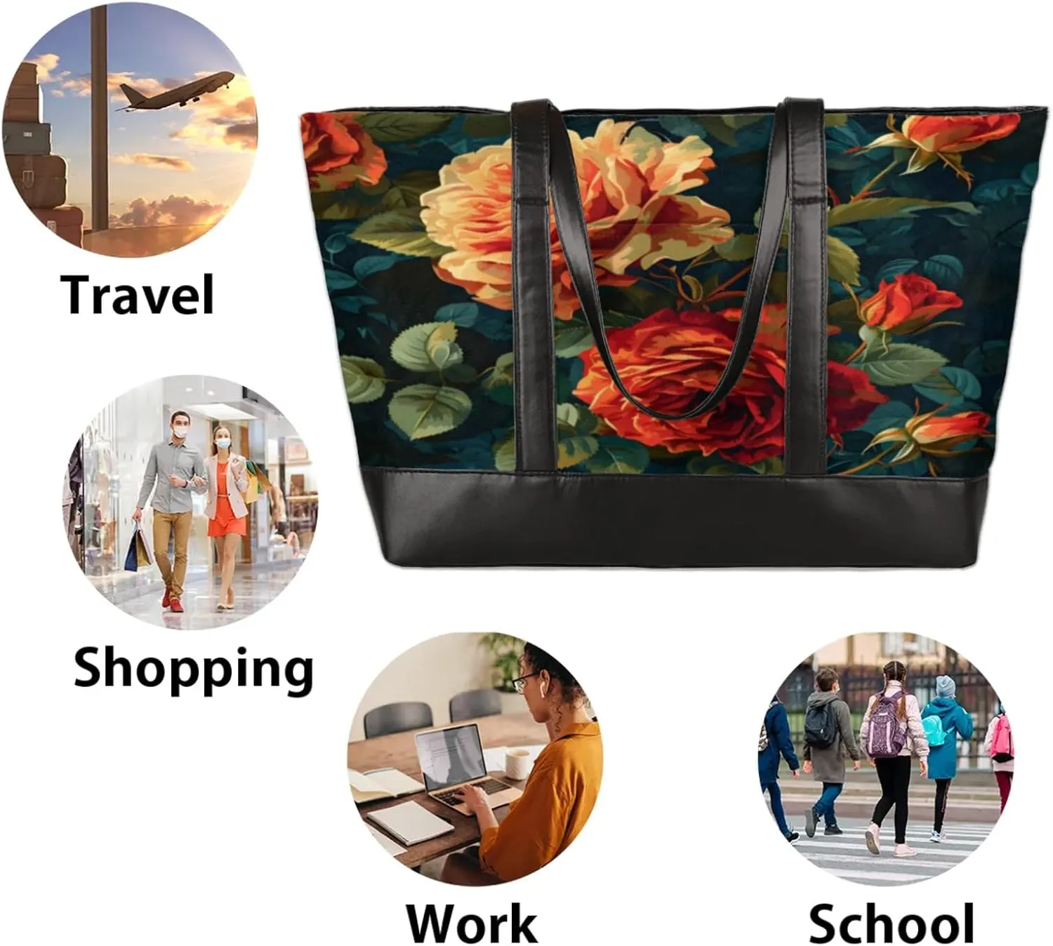 Women Tote Bag with Zipper, Shopper Handbag Travel Purse, PU Leather Laptop Tote Bags, Weekender Bags