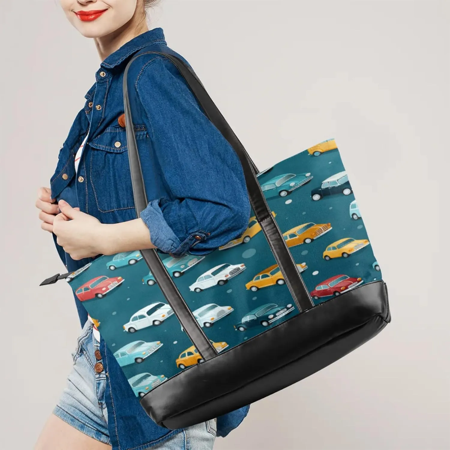 Women Tote Bag with Zipper, Shopper Handbag Travel Purse, PU Leather Laptop Tote Bags, Weekender Bags