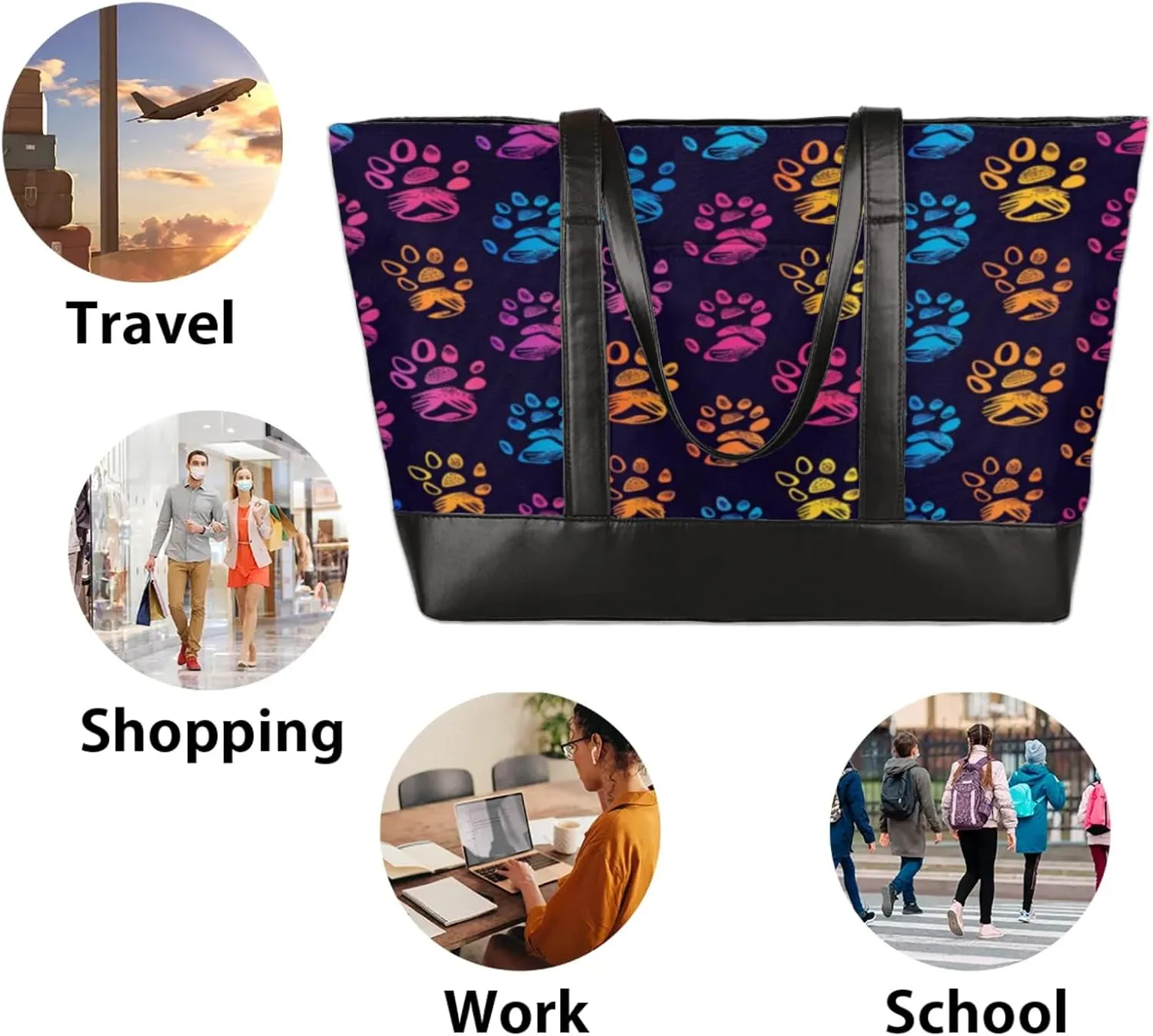Women Tote Bag with Zipper, Shopper Handbag Travel Purse, PU Leather Laptop Tote Bags, Weekender Bags