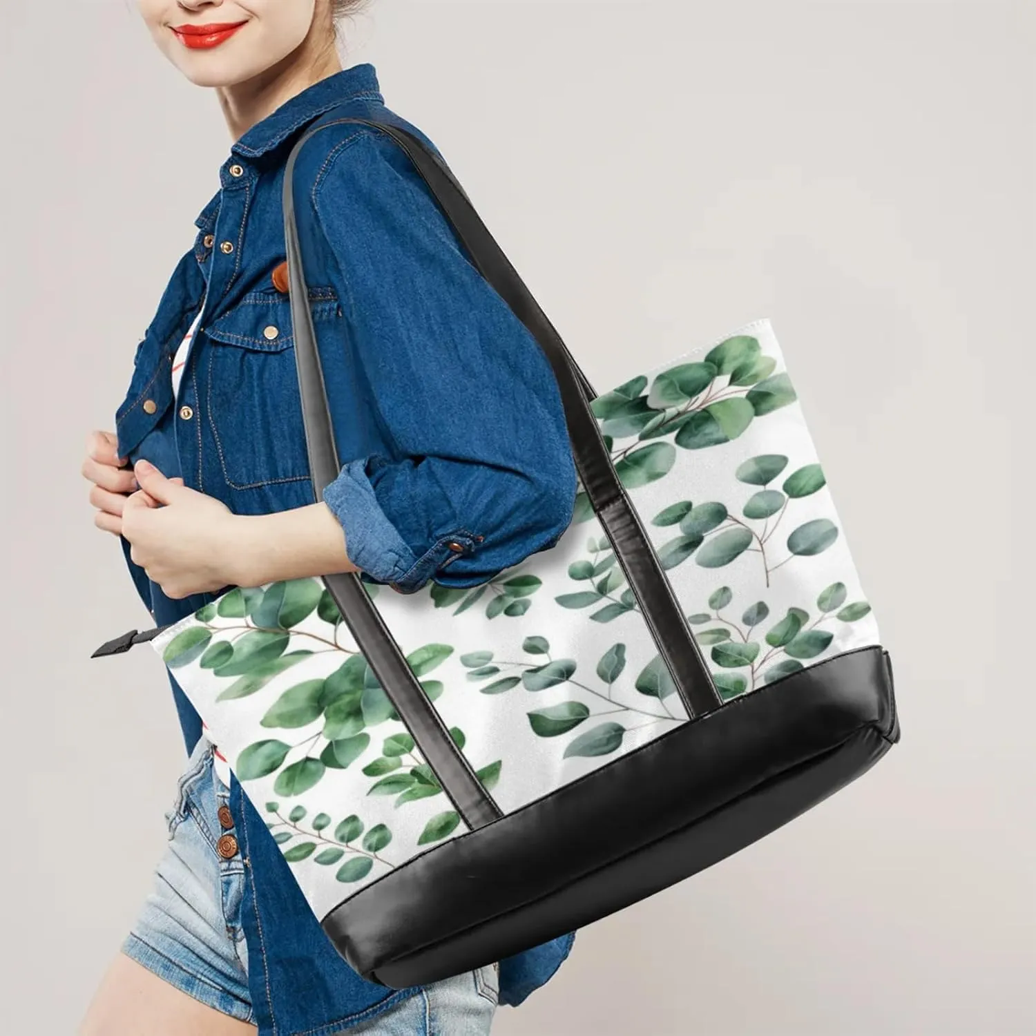 Women Tote Bag with Zipper, Shopper Handbag Travel Purse, PU Leather Laptop Tote Bags, Weekender Bags