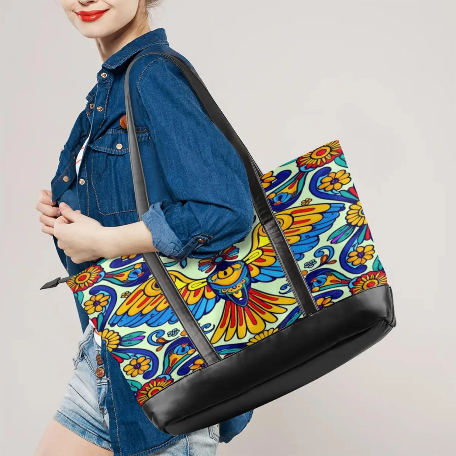 Women Tote Bag with Zipper, Shopper Handbag Travel Purse, PU Leather Laptop Tote Bags, Weekender Bags