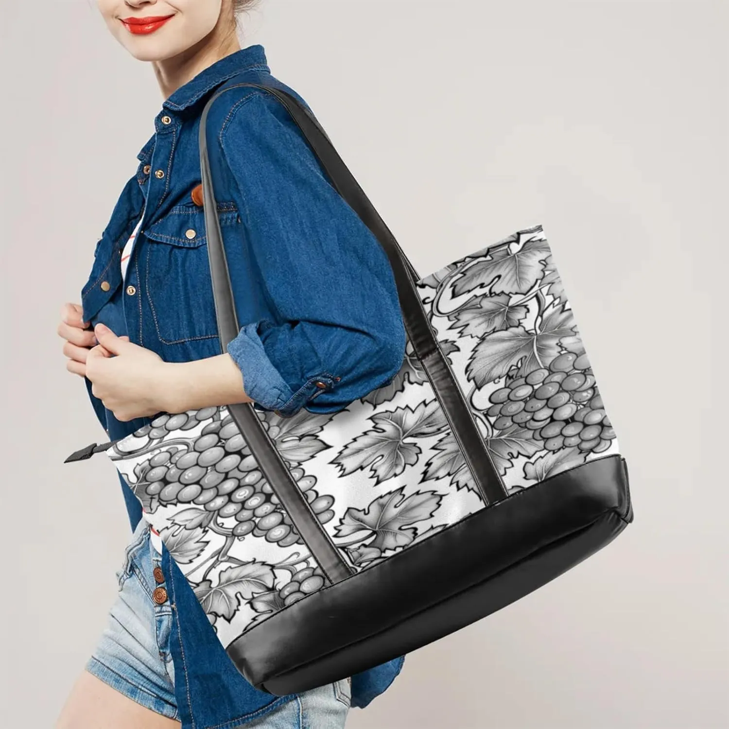 Women Tote Bag with Zipper, Shopper Handbag Travel Purse, PU Leather Laptop Tote Bags, Weekender Bags