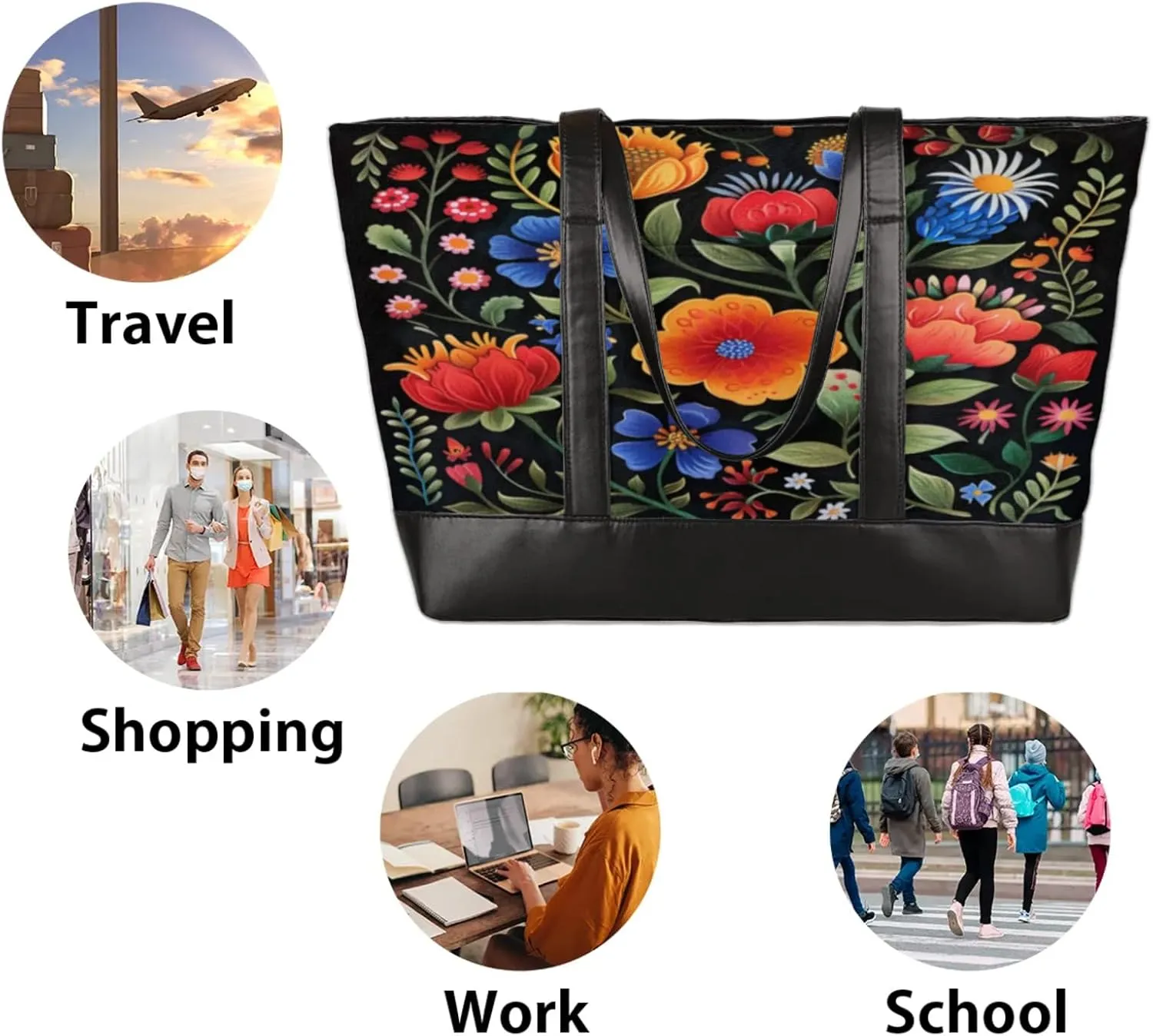 Women Tote Bag with Zipper, Shopper Handbag Travel Purse, PU Leather Laptop Tote Bags, Weekender Bags