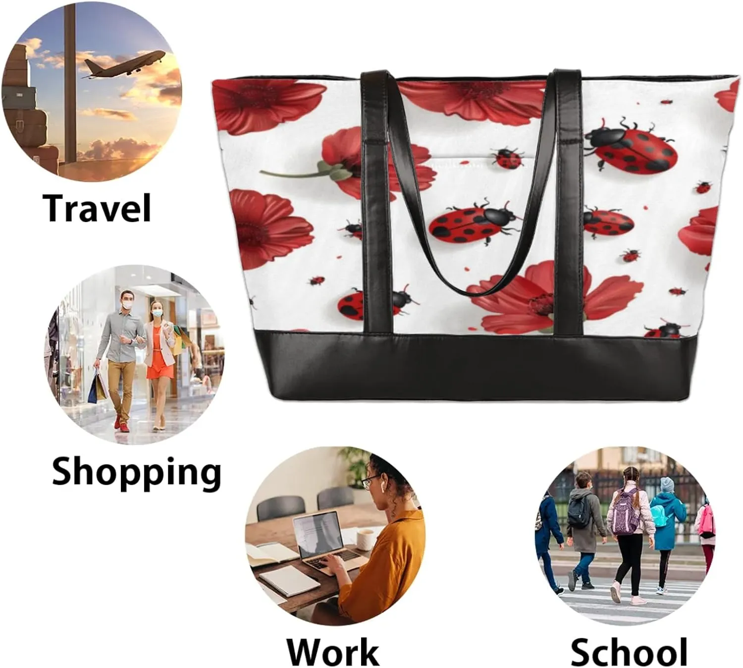 Women Tote Bag with Zipper, Shopper Handbag Travel Purse, PU Leather Laptop Tote Bags, Weekender Bags