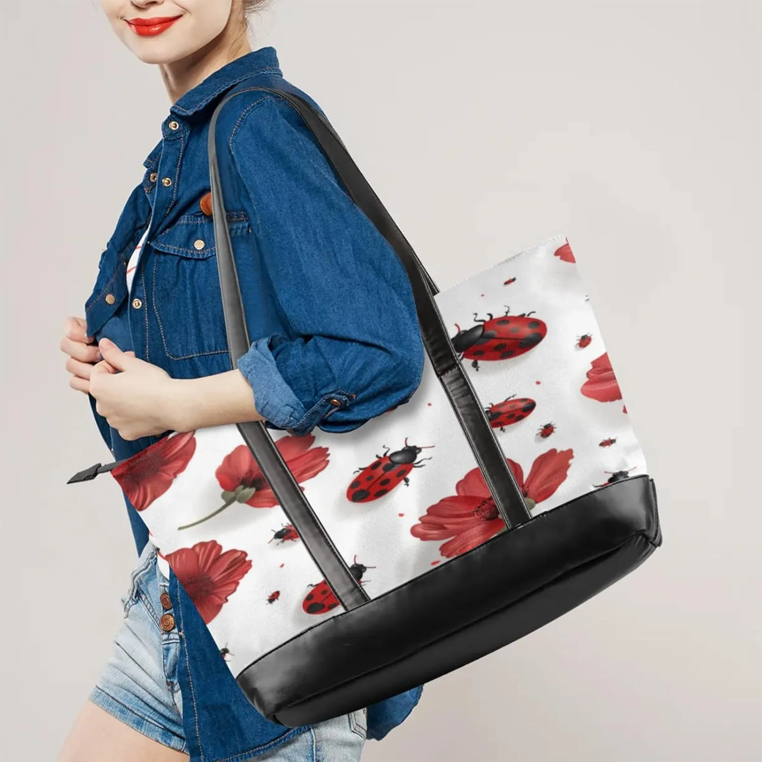 Women Tote Bag with Zipper, Shopper Handbag Travel Purse, PU Leather Laptop Tote Bags, Weekender Bags