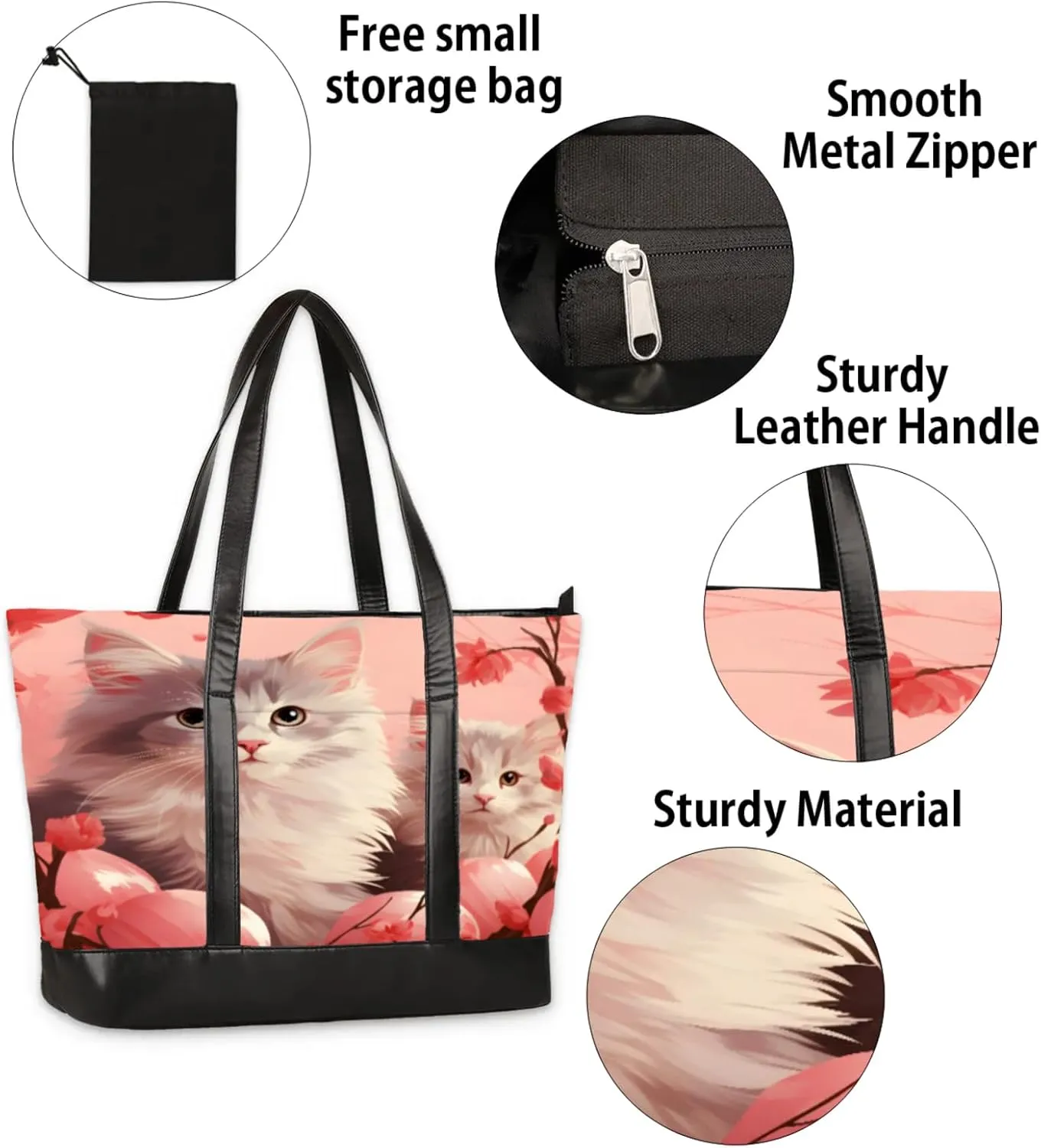 Women Tote Bag with Zipper, Shopper Handbag Travel Purse, PU Leather Laptop Tote Bags, Weekender Bags