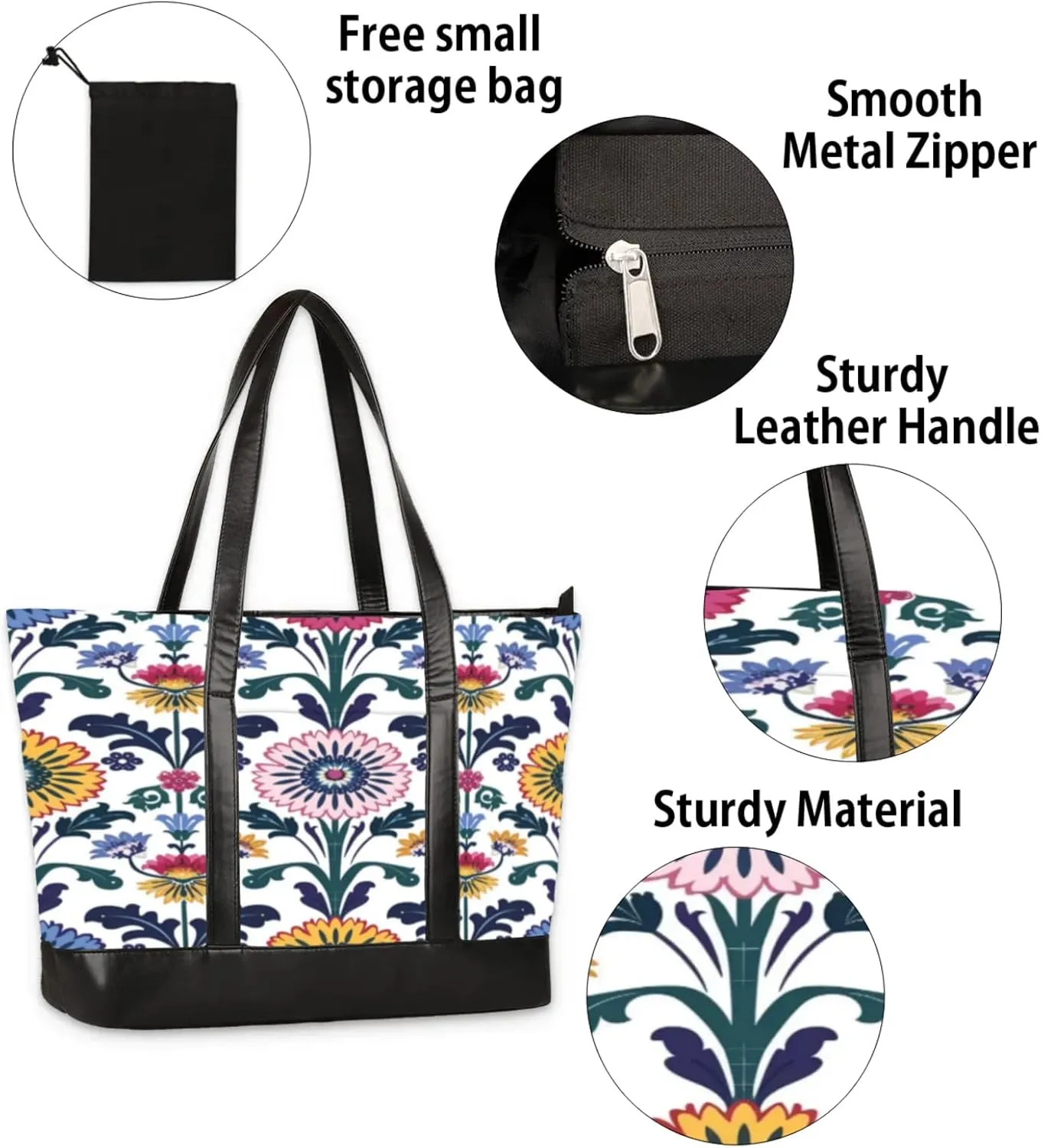 Women Tote Bag with Zipper, Shopper Handbag Travel Purse, PU Leather Laptop Tote Bags, Weekender Bags